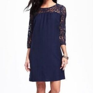 OLD NAVY Women's Lace‎ Yolk 3/4 Sleeve Keyhole Back Navy Blue Mini Dress Size M